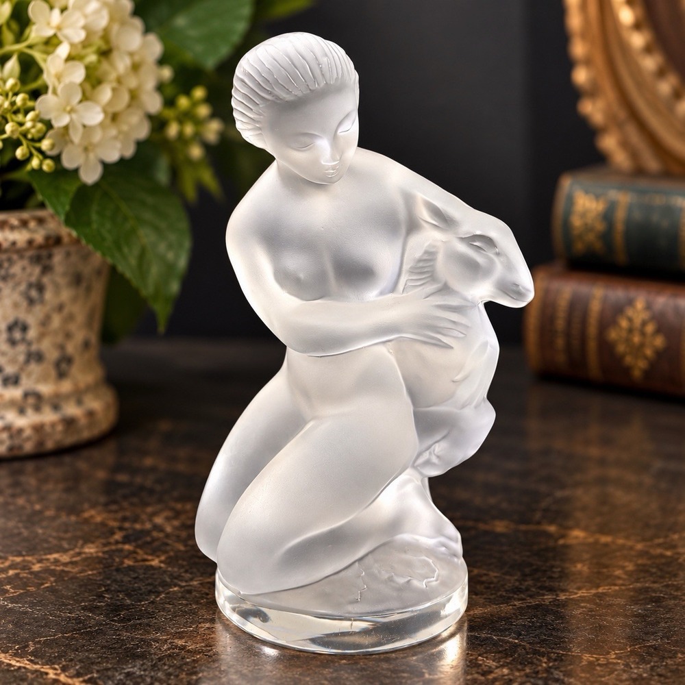 Lalique France Diane and the Fawn Frosted Crystal Figurine #11906 Signed 4.5"